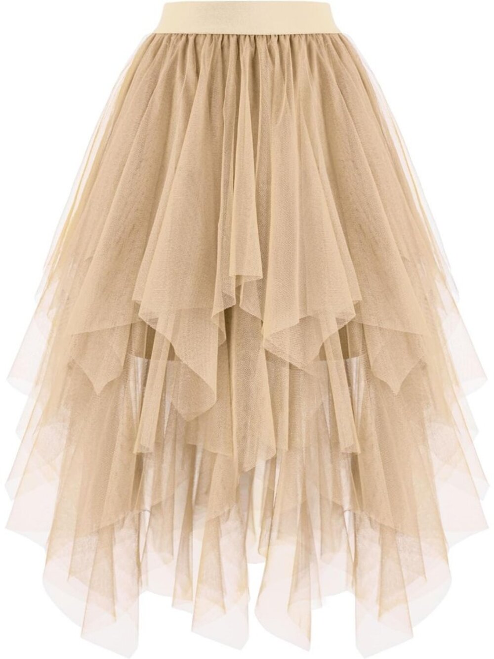 Women's Layered Tulle Midi Skirt High Low Puffy Fairy Tutu Skirt-Champagne